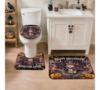 Lot de 3 tapis de salle de bain en forme de chat, motif citrouilles fantaisie, balai, Halloween, antidérapant, lavable, pour baignoire, douche, décoration d'Halloween