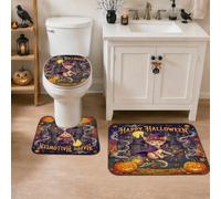 Lot de 3 tapis de salle de bain en forme de chat - Motifs citrouilles festives fantaisistes et bâton de balai - Séchage rapide - Tapis de toilette absorbant en forme de U pour salle d'eau, lavabo