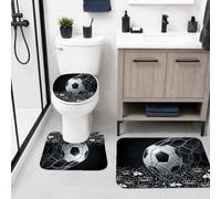 Lot de 3 tapis de salle de bain en forme de U pour baignoire, baignoire, douche, motif ballon de football, motif filet de but, gouttelettes d'eau, noir