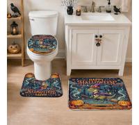 Lot de 3 tapis de salle de bain motif dinosaure, citrouilles fantaisie, bâton de balai, orange, séchage rapide, absorbants, en forme de U, pour toilettes, décoration de sol