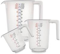 Lot de 3 tasses doseuses - 1000 ml, 500 ml, 250 ml - incassable, bec verseur verseur gradué transparent et empilable avec poignée - Plastique PP de qualité alimentaire - pour farine, sucre
