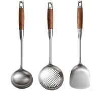 Lot de 3 ustensiles de cuisine avec manche en bois et acier inoxydable 316L - Spatule wok louche cuillère pour gadgets de cuisine 39 x 7,5 cm