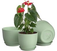 Lot de 3 vases à fleurs verts, pots à herbes en plastique avec trous de drainage et soucoupes, pour l'intérieur et l'extérieur
