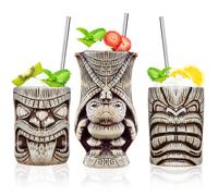 Lot de 3 verres à cocktail en céramique - Tiki exotiques - Décoration professionnelle pour bar hawaïen (3 pièces)