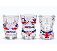 Lot de 3 verres à shot souvenir de Londres - 30 ml fantaisie Union Jack Body Design - I Love London Tourist Party Shooter Glass Collection (LDN 3 Set)