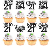 Lot de 30 décorations de gâteau d'anniversaire à paillettes Happy 21st Twenty One Cupcake Toppers Joyeux anniversaire 21 ans Décoration de gâteau pour fête de 21 ans Noir