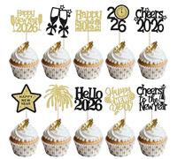 Lot de 30 décorations de gâteau Happy New Year 2026 - Bonjour 2026 - Décoration de gâteau d'anniversaire - Décoration de gâteau - Décoration de gâteau - Happy New Year - Décoration de gâteau - Noir et