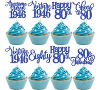 Lot de 30 décorations de gâteau vintage 1946 à paillettes « Happy 80th Eighty Awesome Since 1946 » - 80 superbes décorations de gâteau pour 80e anniversaire de mariage - Bleu