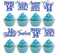 Lot de 30 décorations de gâteau vintage 2012 à paillettes Happy 14th Fourteen Awesome Since 2012 - 14 superbes décorations de gâteau pour 14e anniversaire de mariage - Bleu