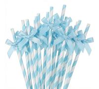 Lot de 30 pailles en papier avec nœud bleu pour boire, jus, café, thé, cocktail, milkshake, fête à thème pastel d'été pour anniversaire, mariage, pique-nique