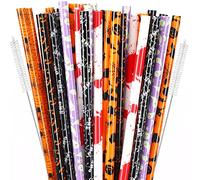 Lot de 30 pailles réutilisables pour Halloween, 22,9 cm, citrouille, chauve-souris, squelette, araignée, paille en plastique rigide pour bocal, gobelet, fête de famille, brosse de nettoyage