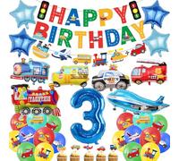 Lot de 31 décorations de 3e anniversaire de voiture pour garçon - Décoration de fête avec ballons en aluminium « Happy Birthday », train, avion, camion de pompiers, pour enfants de 3 ans