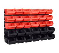 Lot de 32 boîtes de rangement avec support mural rouge et noir, boîte à outils en plastique avec 30 compartiments empilables pour atelier, garage, cave