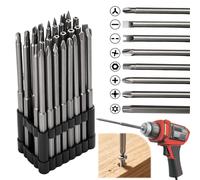 Lot de 32 embouts de tournevis longs en acier S2 avec magnétique | Jeu d'embouts en alliage d'acier S2, hexagonale 1/4", Torx, Phillips, Allen, plat, sécurité, avec support de rangement