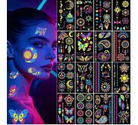 Lot de 32 feuilles de tatouages temporaires fluorescents UV lumière noire fluorescente Boho Henné Fleurs pour adultes adolescents