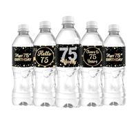 Lot de 33 étiquettes autocollantes « Happy 75th Birthday » pour bouteille d'eau 75e anniversaire - Noir