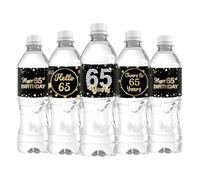Lot de 33 étiquettes autocollantes pour bouteille d'eau « Happy 65th Birthday » pour 65e anniversaire de mariage - Noir