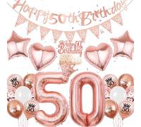Lot de 34 décorations d'anniversaire pour femme - Or rose - Bannière triangulaire - Ballon chiffré - Couronnes - Étoile d'amour - Ballon - Décoration de gâteau pour femme de 50 ans