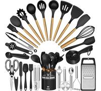 Lot de 34 ustensiles de cuisine en silicone avec support, résistants à la chaleur, antiadhésifs, pinces, spatules, cuillères, poignées en bois, ustensiles de cuisine et gadgets (noir)