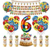 Lot de 36 blocs de construction pour décoration d'anniversaire de 6 ans, blocs de construction, assiettes, gobelets, ballons, décoration d'anniversaire pour 10 personnes
