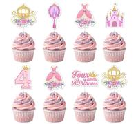 Lot de 36 décorations de fête d'anniversaire 4 ans sur le thème des princesses, château, robe, calèche, couronne, décorations de gâteaux pour filles