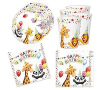 Lot de 36 décorations de table d'anniversaire animal avec lion, girafe et panda pour enfants pour anniversaire - 8 assiettes, 8 gobelets, 20 serviettes de 33 x 33 cm