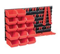 Lot de 39 récipients pour petites pièces avec plaques murales rouges et noires en plastique empilable avec 14 boîtes, 2 panneaux muraux, crochets et support pour atelier, garage, établi