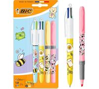 Lot de 4 : 2 Stylos BIC 4 Couleurs Décors Kawaii + 2 Surligneurs BIC Highlighter Grip Assortis