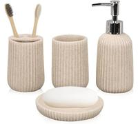 Lot de 4 accessoires de salle de bain beige - Organiseur de salle de bain - Comprend un distributeur de savon de 250 ml, un porte-savon, un porte-brosse à dents et une tasse, ensemble de décoration de