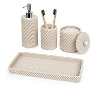 Lot de 4 Accessoires de Salle de Bain - Distributeur de Savon à Lotion, Porte-Brosse à Dents, Distributeur de Support Qtip - Plateau de Coiffeuse pour décoration de Salle de Bain - Beige
