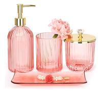 Lot de 4 Accessoires de Salle de Bain en Verre avec Distributeur de Savon, Porte-Brosse à Dents, Pot d'apothicaire, Plateau de courtoisie, décoration de Salle de Bain Moderne, Cadeau pour Maison et