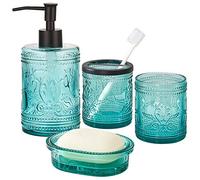 Lot de 4 accessoires de salle de bain en verre bleu sarcelle avec motif décoratif pressé - Comprend un distributeur de savon pour les mains, un gobelet, un porte-savon et un porte-brosse à dents (bleu