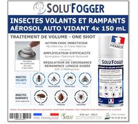 Lot de 4 Aérosols Auto-Vidant Insectes Volants et Rampants - Insecticide Fumigène One Shot 150 ml - Mouches, Moustiques, Cafards, Puces, Punaises de Lit, Mites - Jusqu'à 90 m³ - SOLU'FOGGER