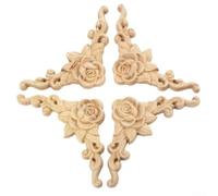 Lot de 4 appliques décoratives en bois sculpté 8 x 8 cm non peintes pour meubles, portes, armoires, motif floral européen