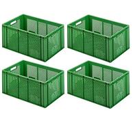 Lot de 4 bacs euros pour légumes - Dimensions : 600 x 400 x 275 mm - Capacité : 54 l - Verts - Fond et parois latérales perforées
