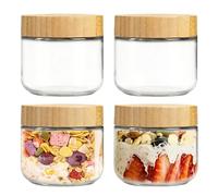 Lot de 4 Bocaux à Avoine en Verre avec Couvercles en Bois, 300ml à large ouverture, Bocaux en Verre Hermétiques Réutilisables Pot de Conservation pour Yaourt, Collations, épices, Sucre, Salade, Harico