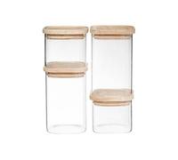 FIVE Pots en verre empilables – Lot de 4 transparent, couvercles en bois, 10×10×8,2/15,2 cm