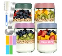 Lot de 4 bocaux Overnight Oats de 480 ml avec couvercle et cuillère | Bocaux à ouverture large avec couvercle à visser pour yaourt, fruits, vinaigrette, sauce, céréales