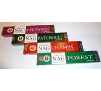 Lot de 4 boîtes d’assortiment varié de golden Nag : choisissez entre les senteurs de bâtons d'encens Champa, Patchouli, Chandan, Forêt, et méditation - En stock et fourni par Busy Bits
