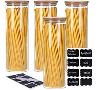 Lot de 4 boîtes de conservation en verre avec couvercle en bambou avec 8 étiquettes à craie et un stylo | récipients en verre, verre à spaghetti | hermétiques, anti-mites (4 x 2200 ml)