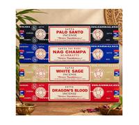 Lot de 4 boîtes d'encens Satya Nag Champa Palo Santo Sang de Dragon Sauge Blanche
