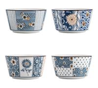 Lot de 4 bols en céramique bleu et blanc - motifs floraux