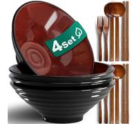 Lot de 4 bols ramen 1800?ml - céramique avec ustensiles bois marron
