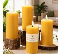 Lot de 4 bougies cylindriques en cire d'abeille, chacune brûle 35 heures - 100% cire d'abeille pure pour la maison, parfaite pour la détente et l'ambiance (4,5 cm de largeur x 10 cm de hauteur)