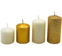 Lot de 4 bougies piliers, pour couronne de l'Avent, bougies de table, bougies de table, en or blanc et paillettes dorées, graduées de 5 x 5 x 5 cm à 5 x 5 cm (L x l x H) à 5 x 5 x 9 cm (L x l x H)