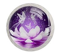 Lot de 4 boutons de tiroir en forme de fleur de lotus violette pour cuisine, chambre à coucher, commode, salle de bain