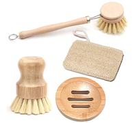 Lot de 4 brosses de Nettoyage de Cuisine Naturelles, Longues brosses à récurer en Bois + Brosse Ronde en Bambou + Porte-Savon + Chiffons de Nettoyage en luffa, Brosse à récurer en Poils naturels