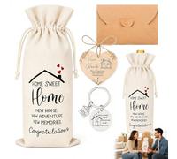 Lot de 4 Cadeaux de Pendaison de Crémaillère et Porte-Bonheur, Sac à Vin en Lin et Cœur en Bois pour Pâques et Carnaval, Kit Emménagement Maison Neuve avec Porte-clés et Enveloppe 2026