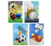 Lot de 4 carnets à spirales sur le thème du sport, baseball, basket-ball, rugby, football, journal de poche ligné, bloc-notes avec languette autocollante pour garçon et enfant, fournitures de bureau