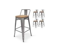 Lot de 4 tabourets style industriel avec dossier en métal brut aspect galvanisé et assise en bois clair - Hauteur 76 cm